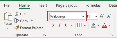 A screenshot of the font selection in the Home tab to choose 'Webdings' font for the check mark