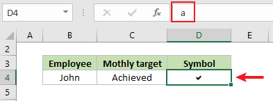 A screenshot of the check mark symbol inserted in the selected cell using the Webdings font and shortcut key 'a'