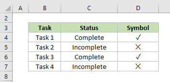 A screenshot of the check mark symbol (√) inserted in an Excel cells