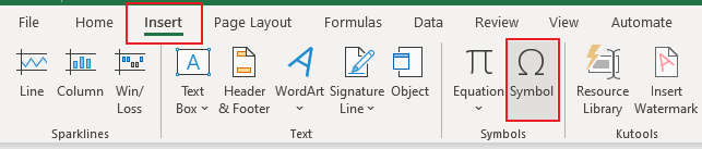 A screenshot of the Symbol option on the Insert tab