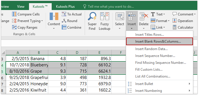 a screenshot of enabling the Insert Blank Rows&Columns feature