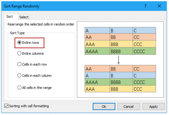 a screenshot of choosing the Entire rows option in the dialog box
