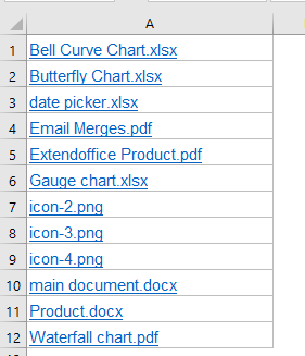 A screenshot of file names listed with hyperlinks in Excel