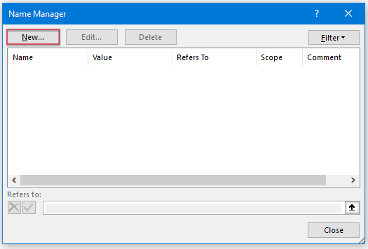 A screenshot of New Name dialog box in Excel with the New button highlighted
