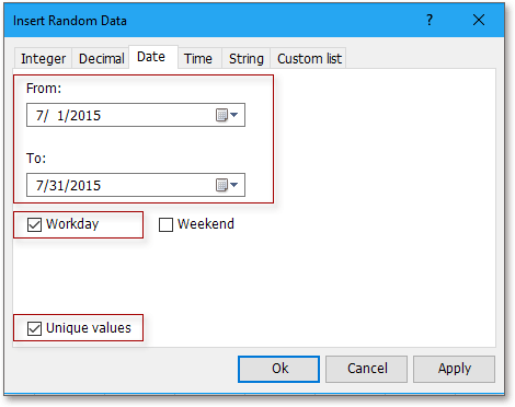 A screenshot of the Insert Random Data dialog with Workday option selected