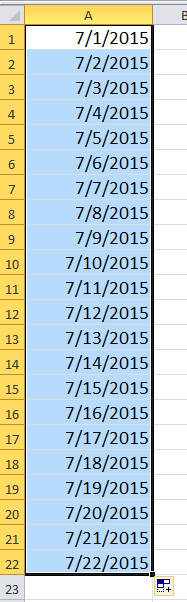 A screenshot of dragging the fill handle in Excel to list dates
