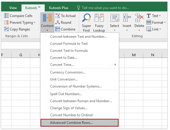 click Kutools > Content >  Advanced Combine Rows