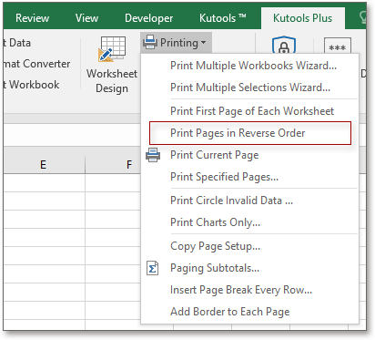 How to print pages in reverse order of a worksheet?