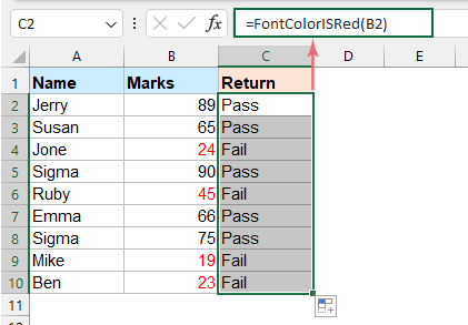 apply a formula to return a specific text if font color is red 