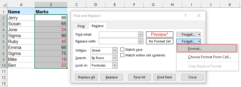 select Format > Format to go to the Replace Format dialog 