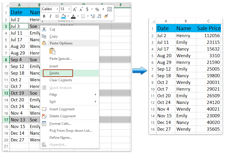 Write a macro in excel to delete rows
