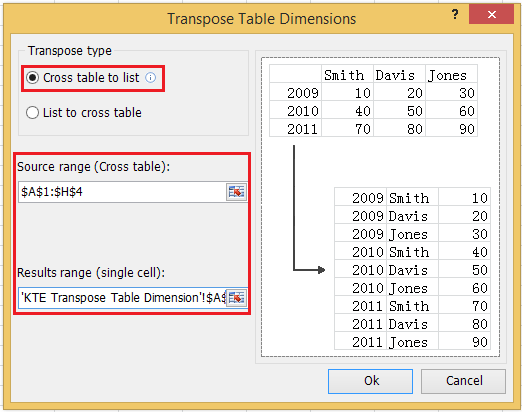 excel-tilläggsverktyg för att ändra 2d-tabell till 1d