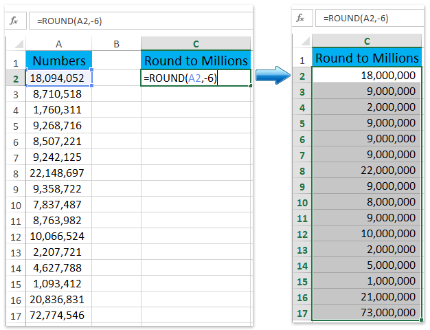 How to round numbers (up/down) to hundreds, thousands, or millions in