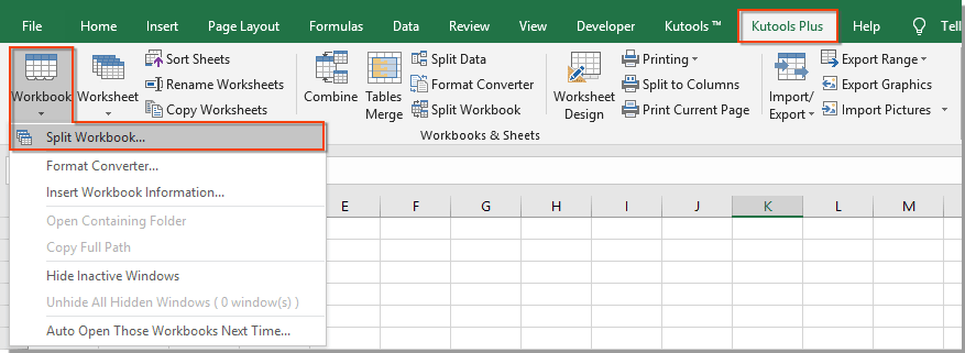 click Split Workbook feature of kutools