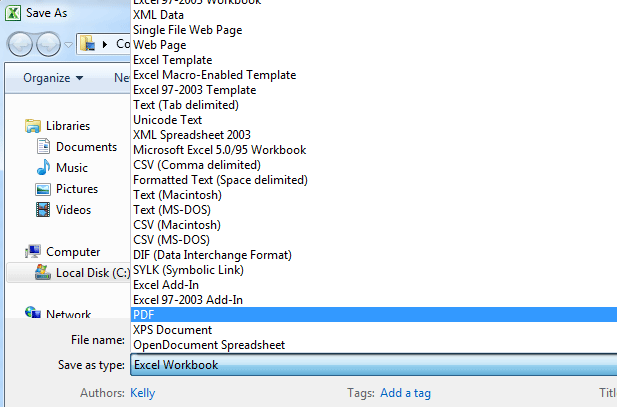 select the PDF item from the Save as type