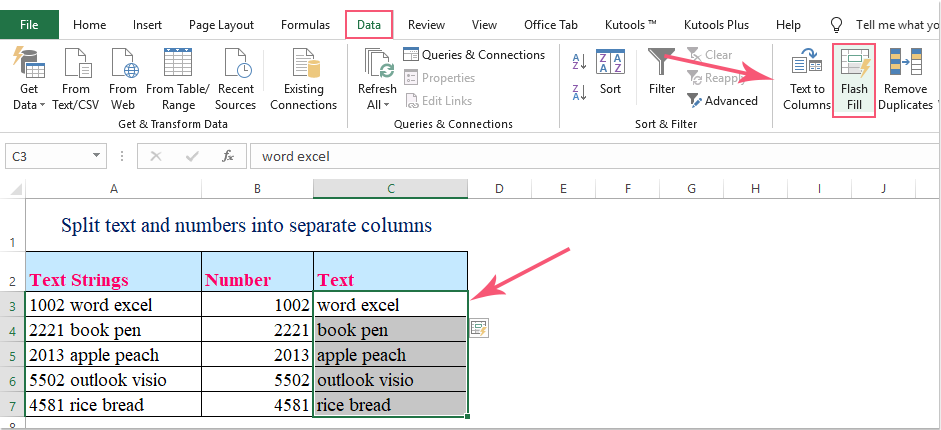 How to separate text and numbers from one cell into two columns?