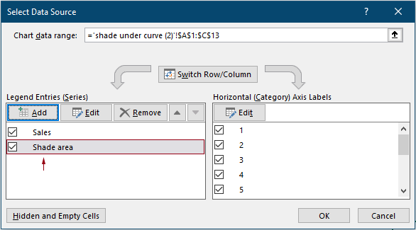How to shade the area under a normal curve in an Excel chart?