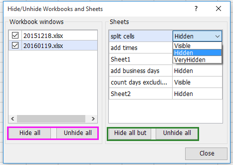 Excel lägg till verktyg för att dölja och visa flera ark