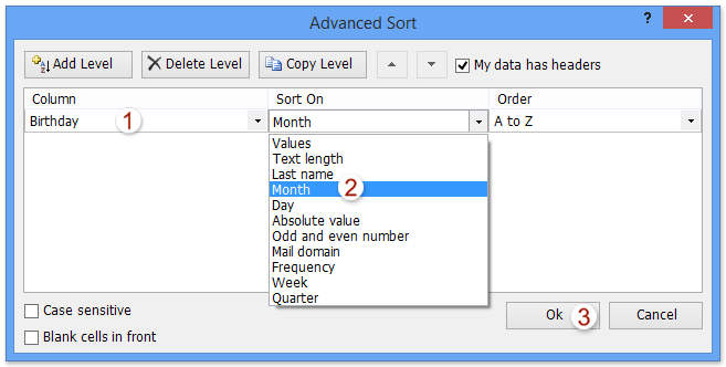 Excel addin: sórtáil de réir fad téacs, ainm deiridh, luach iomlán, fearann ​​poist, minicíocht, seachtain, srl.