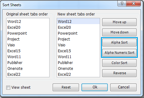 How to sort worksheets in alphabetical / alphanumeric order in Excel?