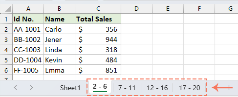 Split data into multiple worksheets by rows count in Excel