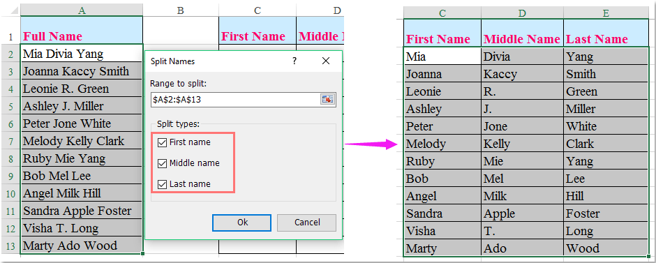 How to split full name to first and last name in Excel