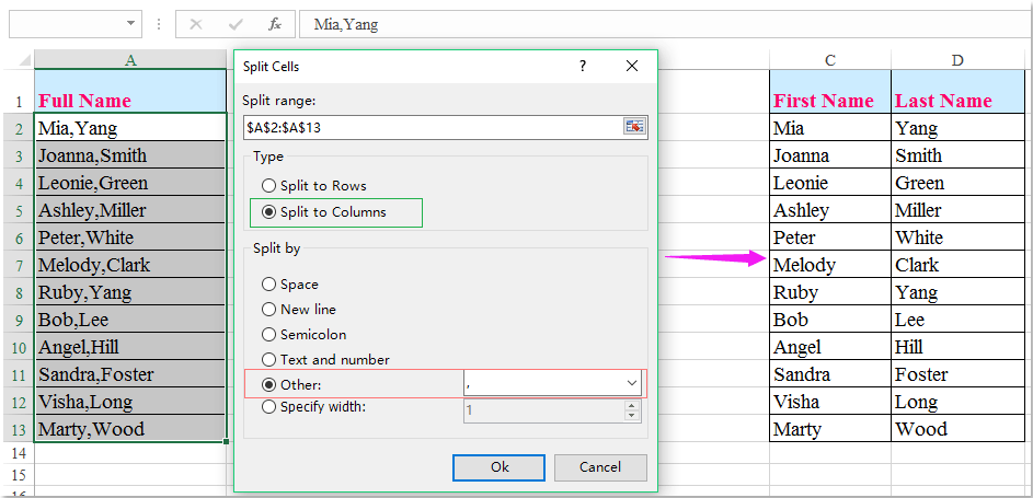 How to split full name to first and last name in Excel