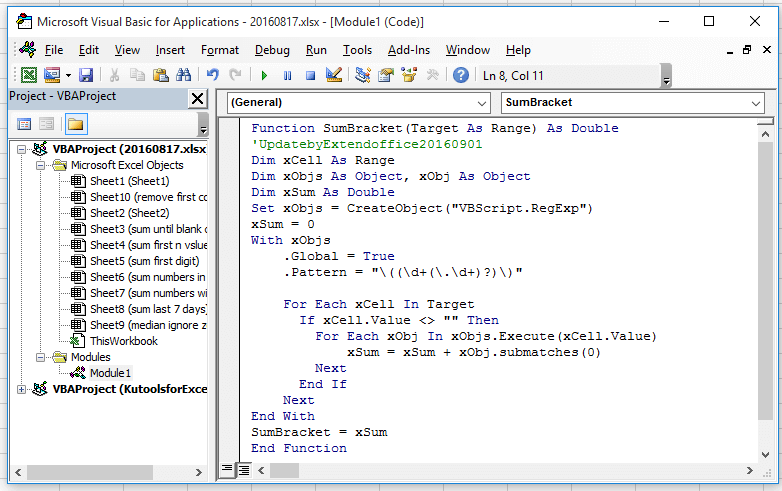 How to sum numbers in brackets only in Excel?