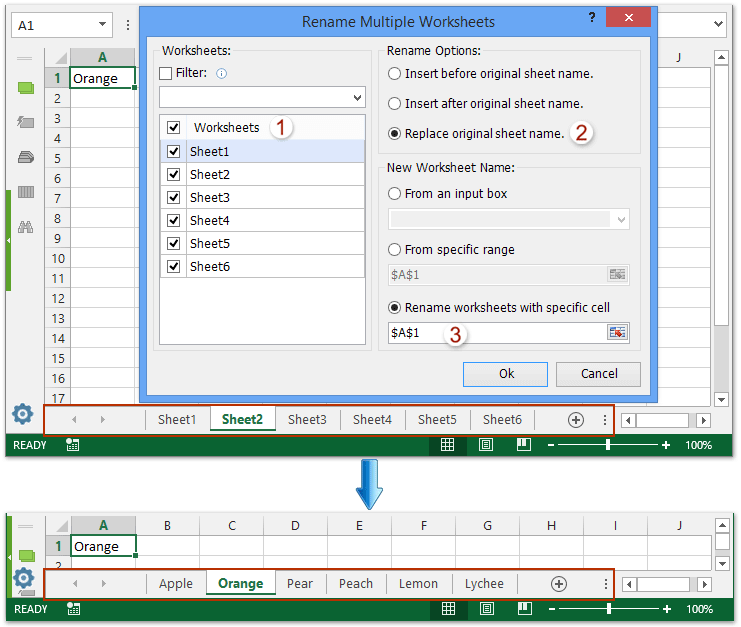 ad rename multiple sheets cell value