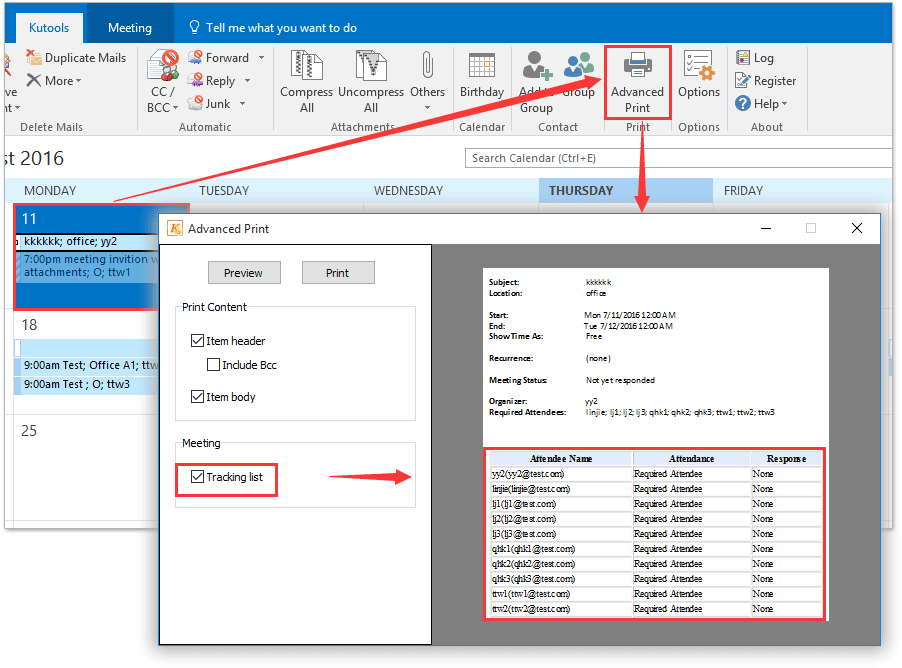How to print meeting attendees list in Outlook?