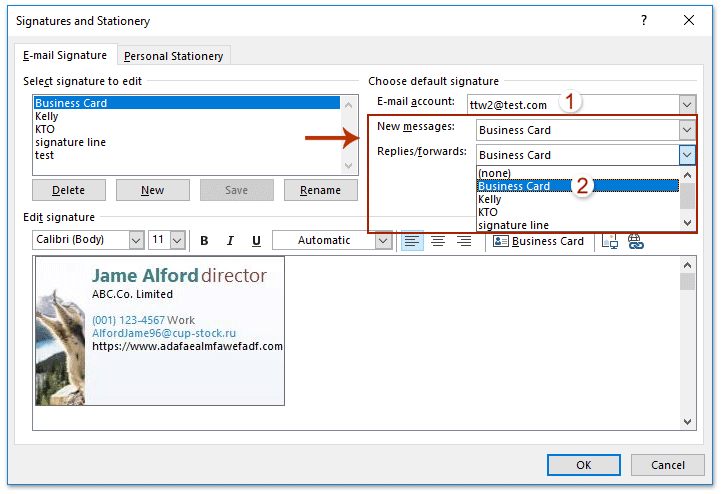 How to add business card to emails in Outlook?