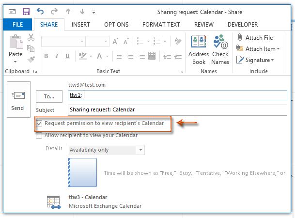 how to send a calendar sharing request in outlook