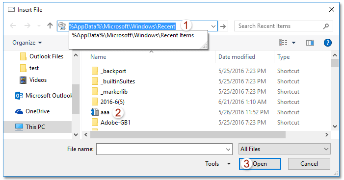 outlook 2010 attach file default folder
