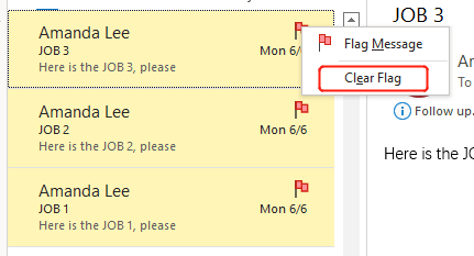 steps on batch unflagging multiple messages with context menu in Outlook
