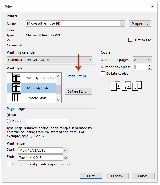 How to print calendar with bigger/smaller font size in Outlook?