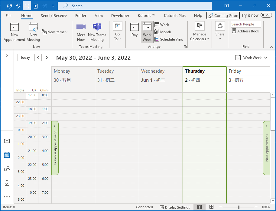 the steps of creating meetings across time zones in Outlook