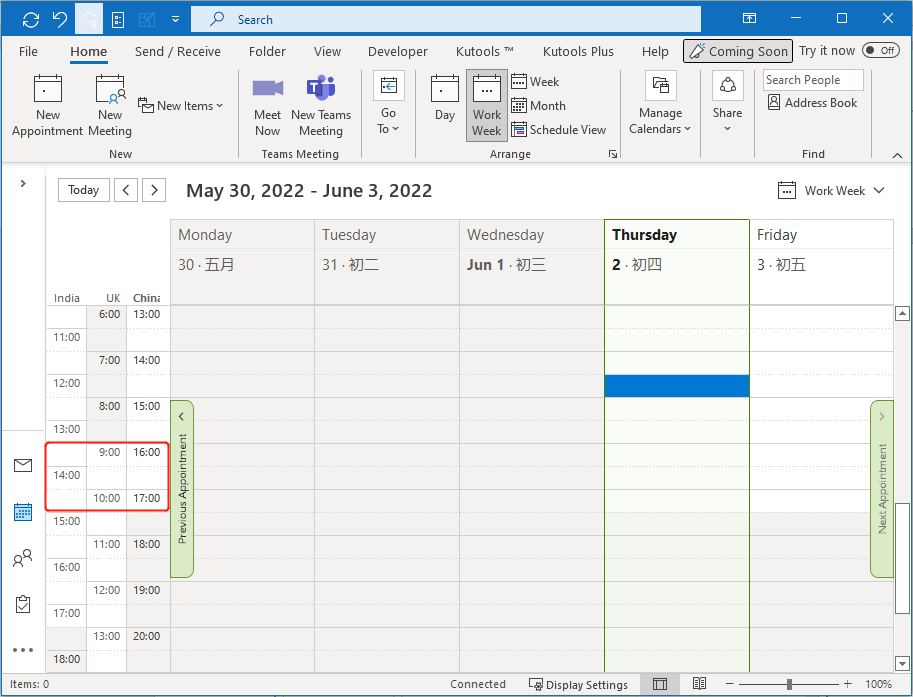 the steps of creating meetings across time zones in Outlook