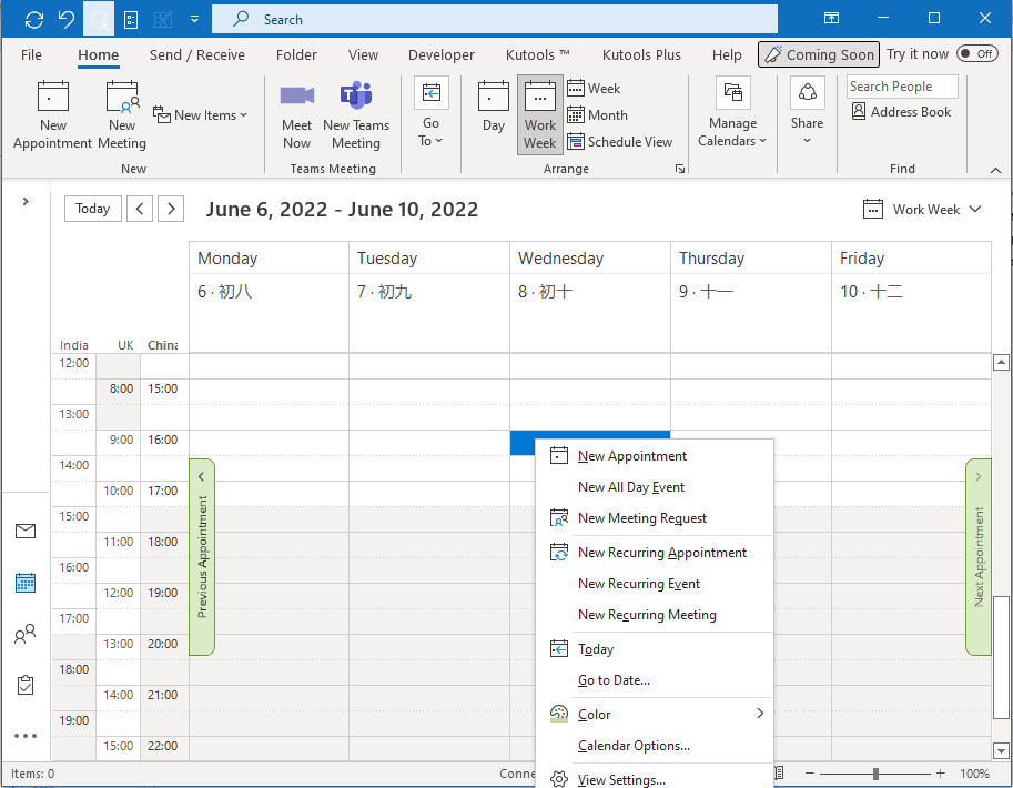 the steps of creating meetings across time zones in Outlook