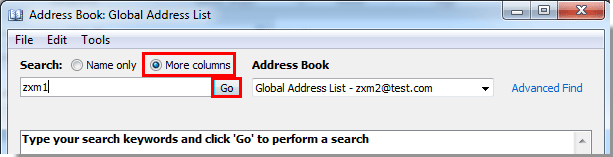 More Columns search in Address Book dialog box