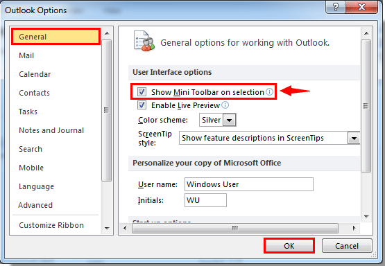 How to show mini toolbar on selection in Outlook?
