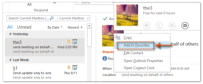 the screenshot of step about adding contacts to favorites when reading an email in Outlook 2013