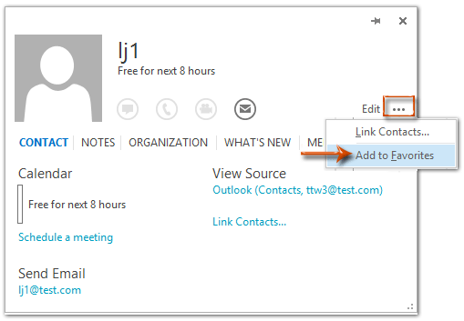 the screenshot of step about adding contacts to favorites from the Contact Card in Outlook 2013