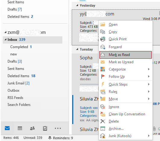How to mass mark all emails as read in one or all folders in Outlook?