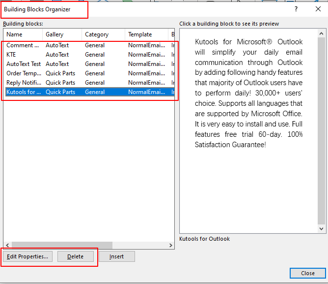 How to Modify or Delete Multiple Quick Parts and AutoText in Outlook?