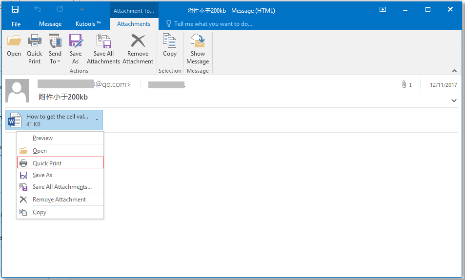 How to only print attachment(s) from one email or selected emails in