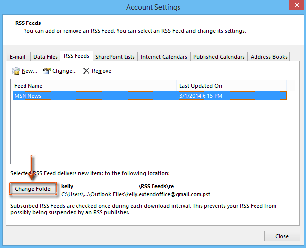 How to change the delivery location folder of rss feeds in outlook 