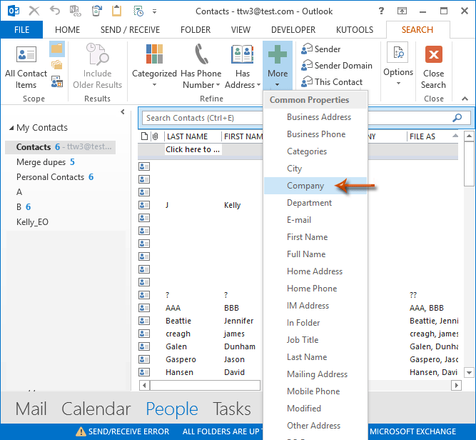 How to search contacts by company name in Outlook?