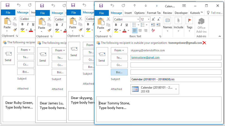 How to send a calendar to multiple recipients individually in Outlook?