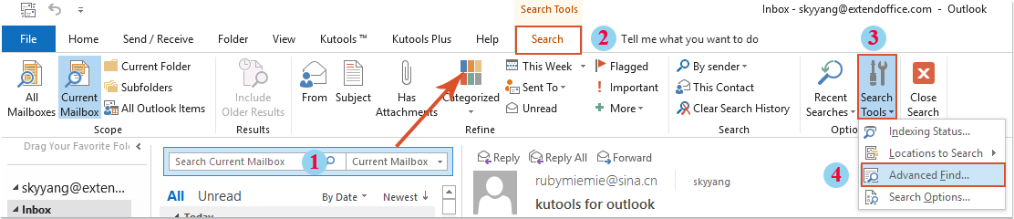 How to show the search result in new tab from Outlook?