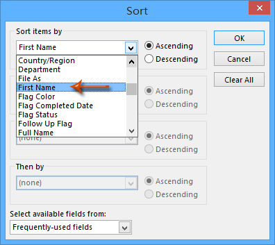 How to sort contacts by first/last name in Outlook?